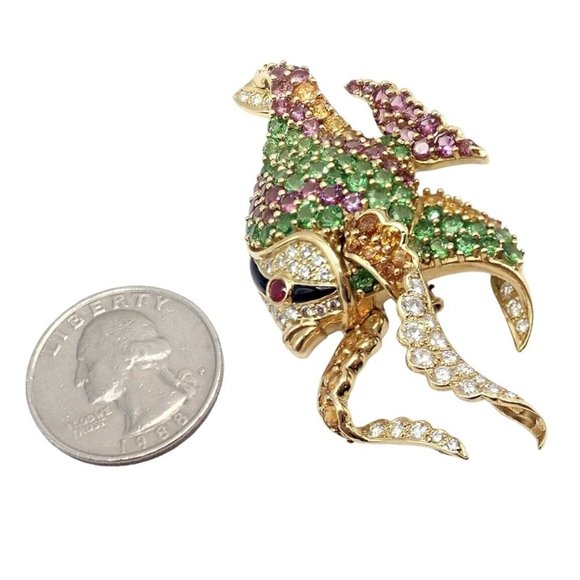 Authentic! Rare Jean Vitau 18k Yellow Gold Diamond Color Stone Angel Fish Brooch - Picture 2 of 12